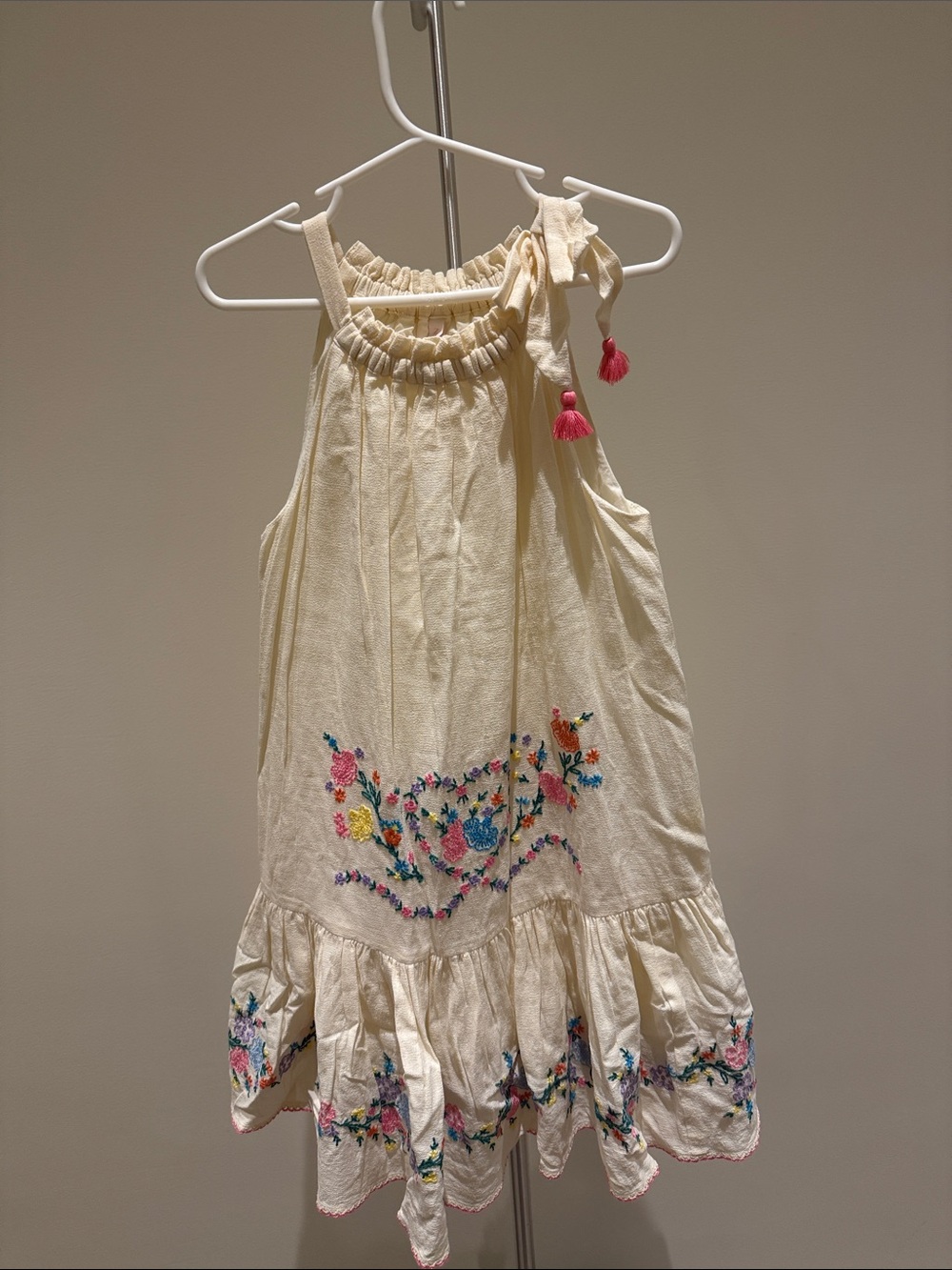 Zimmermann Cream Embroidered Floral Kids Dress with Pink Tassels